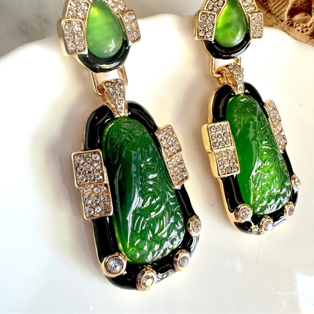 Vintage Style Faux Jade Inlaid Bird Earrings Chinese Art Deco Asian Gift NEW